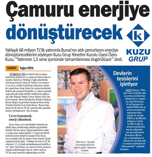  Sanayi gazetesi- Çamuru enerjiye dönüştürecek