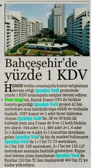  Hürriyet -Bahçeşehir’de yüzde 1 KDV